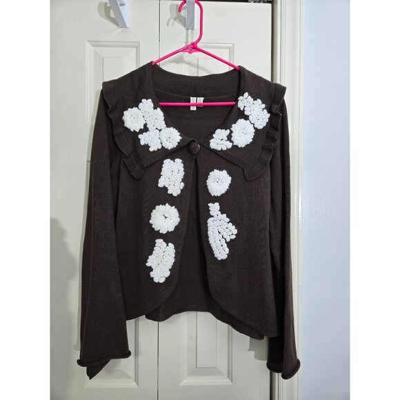 Brown Cardigan With White Floral Knitted Appliques & Ruffled Collar By Madison X - Picture 1 of 4